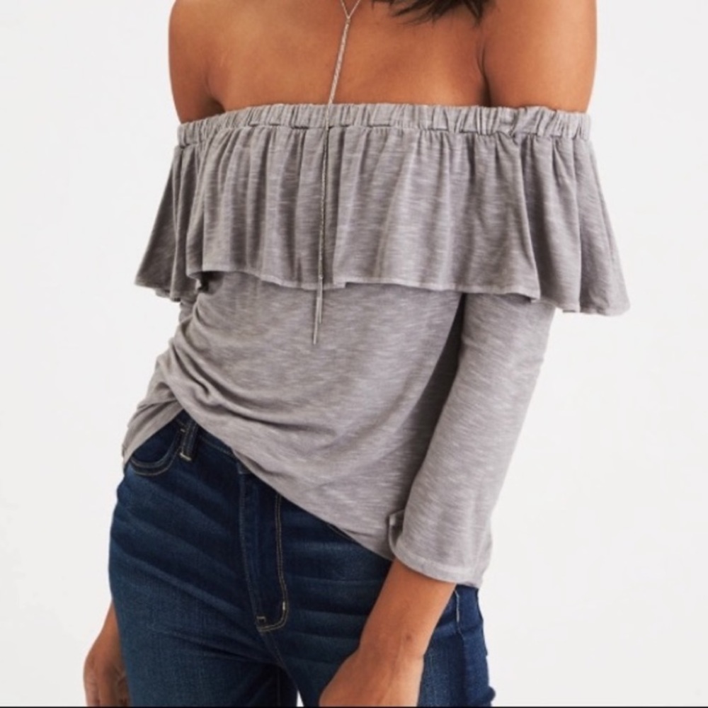 Gray off the shoulder long sleeve top